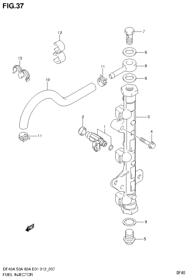 Suzuki DF40AST, DF50A, DF50ATH FUEL INJECTOR (DF60AQH E40) parts diagram